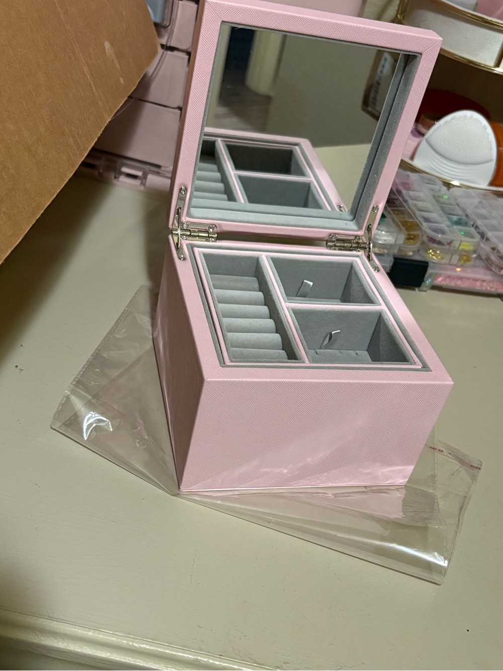 Pandora Pink Jewelry Box with Mirror and Gray Interior